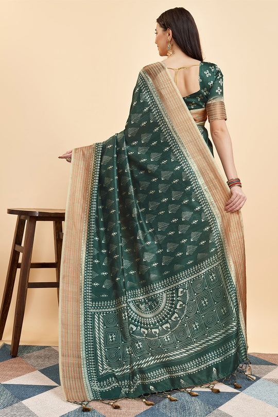 Bottle Green Silk Warli Printed Zari Saree