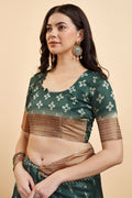 Bottle Green Silk Warli Printed Zari Saree