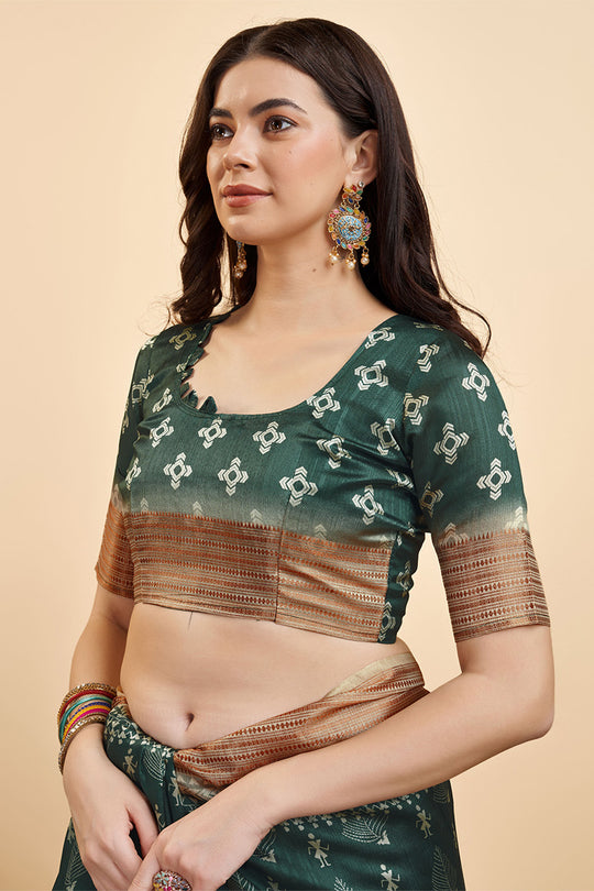 Bottle Green Silk Warli Printed Zari Saree