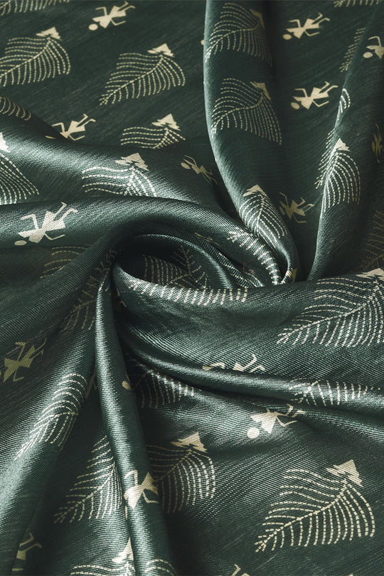 Bottle Green Silk Warli Printed Zari Saree