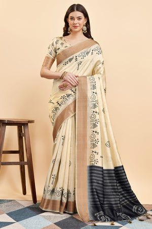 Cream Silk  Ethnic Motifs Printed Saree