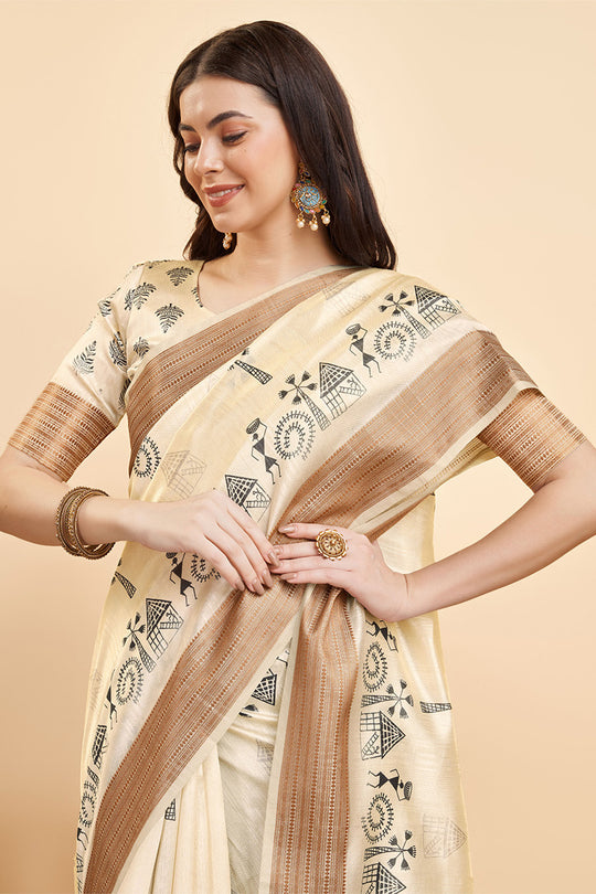 Cream Silk  Ethnic Motifs Printed Saree
