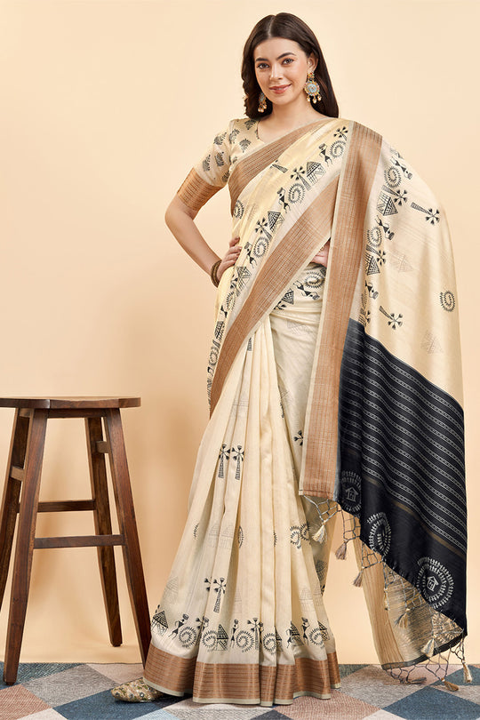 Cream Silk  Ethnic Motifs Printed Saree