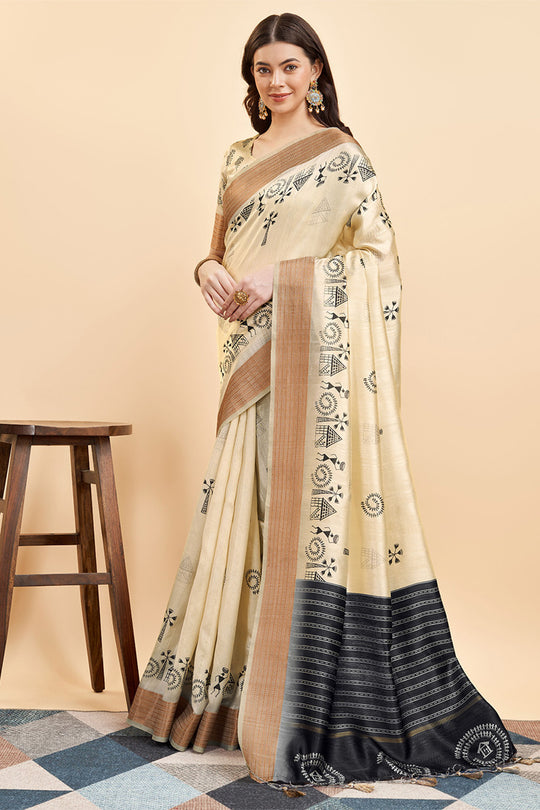 Cream Silk  Ethnic Motifs Printed Saree