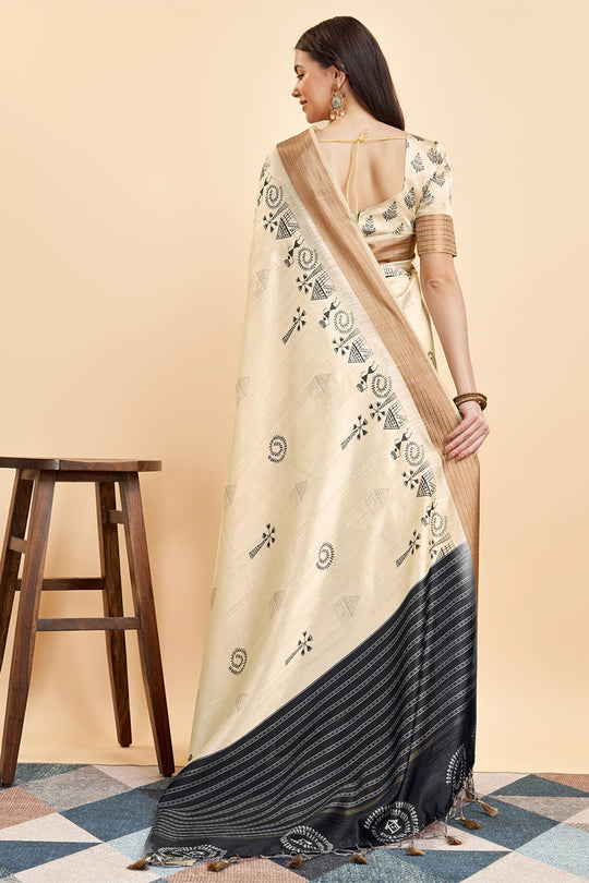 Cream Silk  Ethnic Motifs Printed Saree