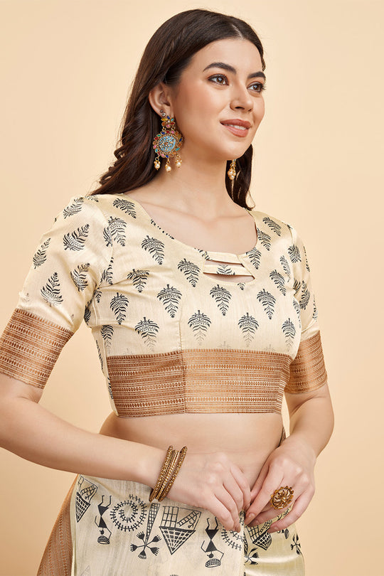 Cream Silk  Ethnic Motifs Printed Saree