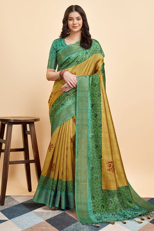 Yellow Silk  Ethnic Motifs Printed Zari Saree