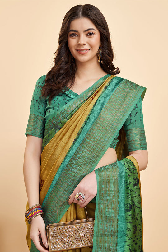 Yellow Silk  Ethnic Motifs Printed Zari Saree