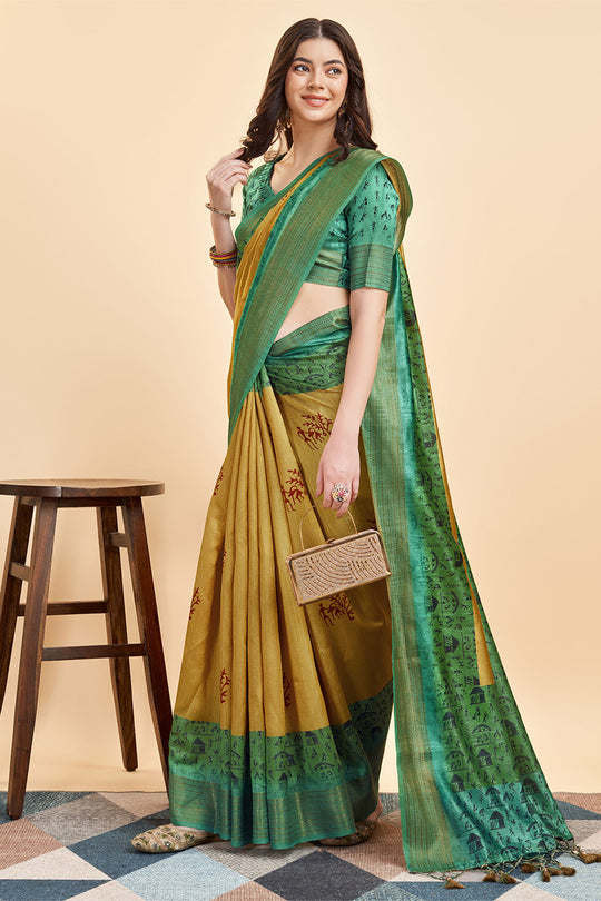 Yellow Silk  Ethnic Motifs Printed Zari Saree