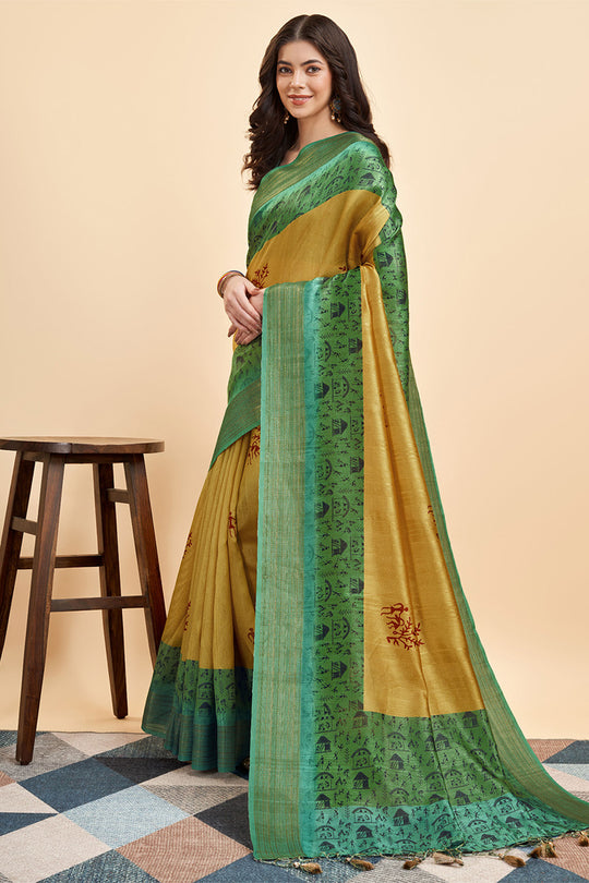 Yellow Silk  Ethnic Motifs Printed Zari Saree
