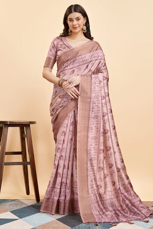 Pink Silk  Ethnic Motifs Printed Zari Saree