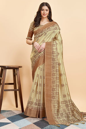 Yellow Silk  Ethnic Motifs Printed Zari Saree
