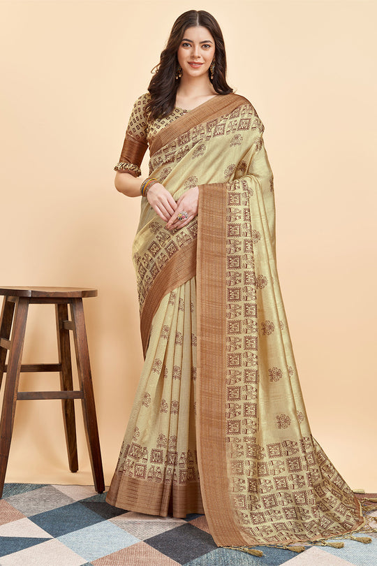 Yellow Silk  Ethnic Motifs Printed Zari Saree