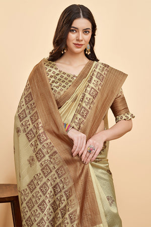 Yellow Silk  Ethnic Motifs Printed Zari Saree