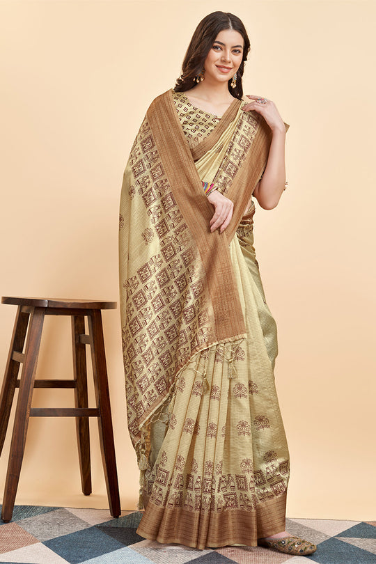 Yellow Silk  Ethnic Motifs Printed Zari Saree