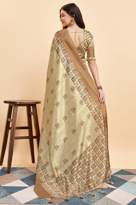 Yellow Silk  Ethnic Motifs Printed Zari Saree