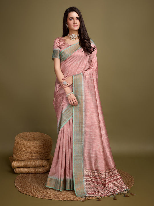 Pink Silk Blend Saree With Blouse Piece