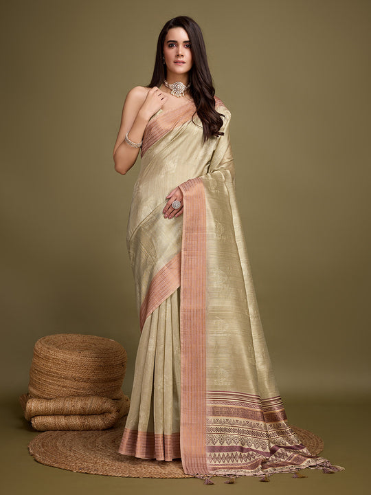 Gold Silk Blend Saree With Blouse Piece