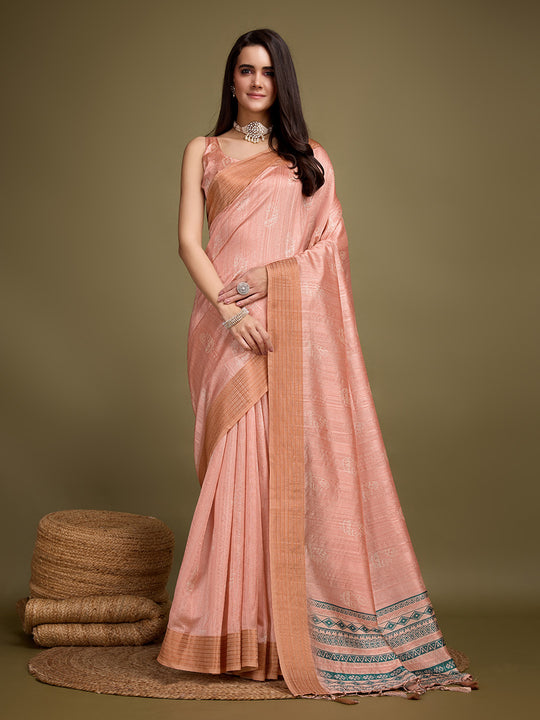 Orange Silk Blend Saree With Blouse Piece