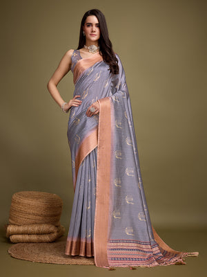Blue Silk Blend Saree With Blouse Piece