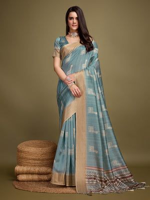 Turquoise Blue Silk Blend Saree With Blouse Piece
