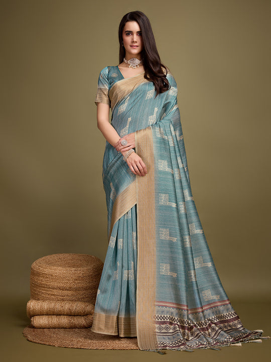 Turquoise Blue Silk Blend Saree With Blouse Piece