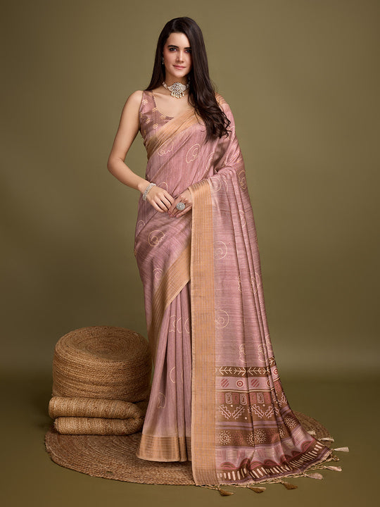 Peach Silk Blend Saree With Blouse Piece