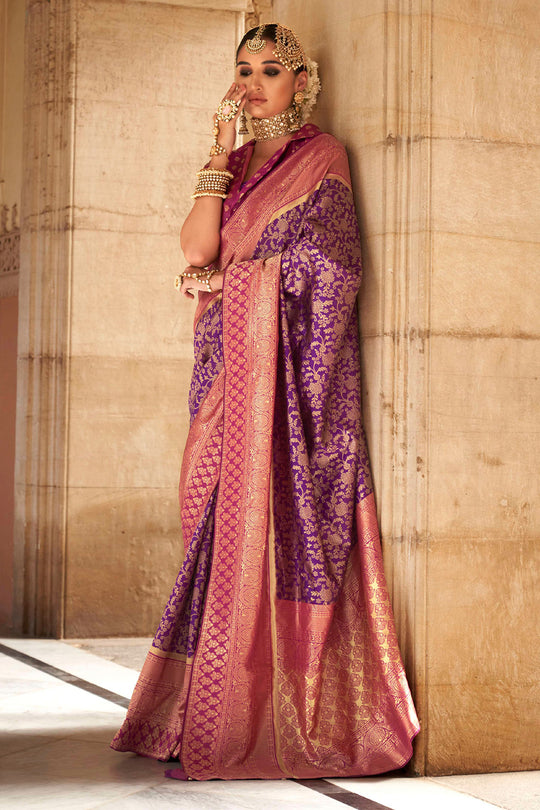 Wine Purple Banarasi Silk Saree With Blouse Piece