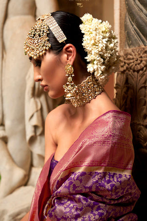 Wine Purple Banarasi Silk Saree With Blouse Piece