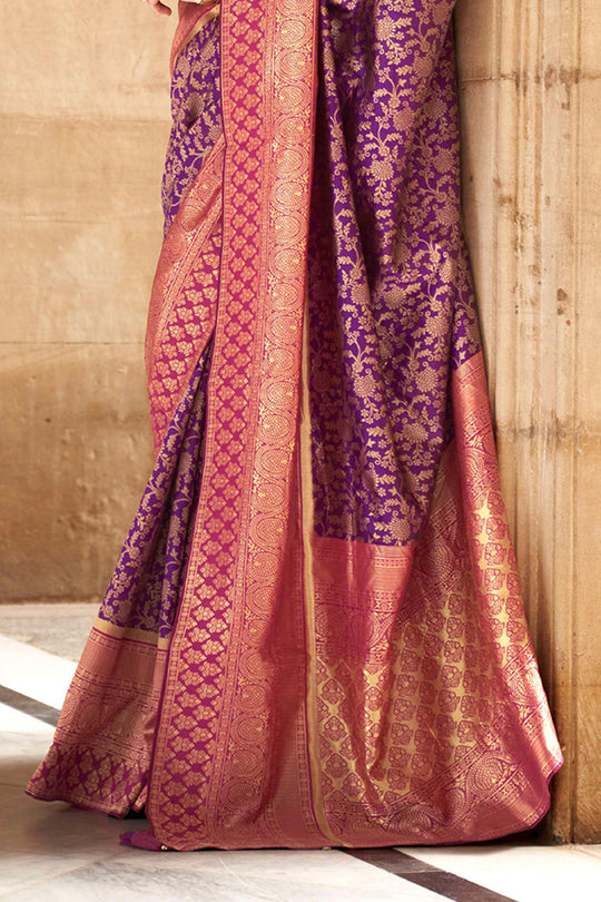 Wine Purple Banarasi Silk Saree With Blouse Piece