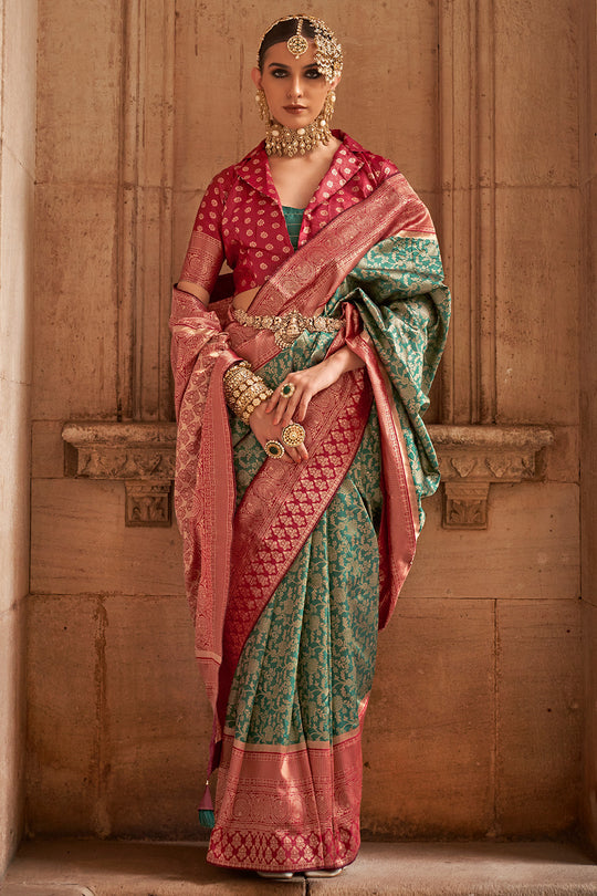 Kelp Green & Red Banarasi Silk Saree With Blouse Piece