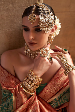 Kelp Green & Red Banarasi Silk Saree With Blouse Piece