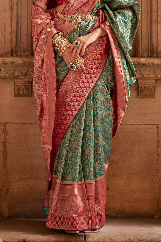 Kelp Green & Red Banarasi Silk Saree With Blouse Piece