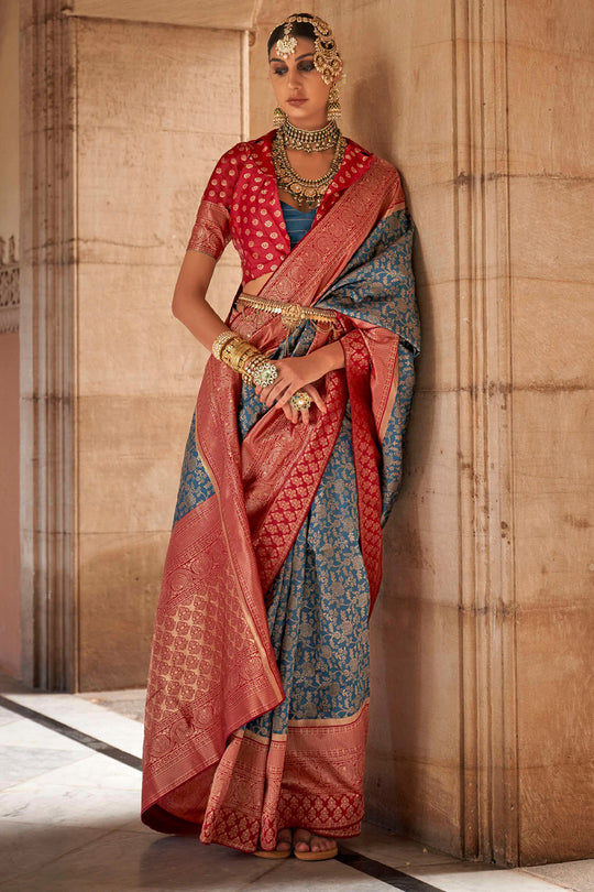 Peacock Blue Silk Banarasi Saree With Blouse Piece