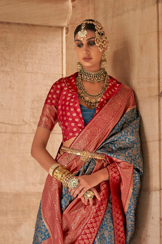 Peacock Blue Silk Banarasi Saree With Blouse Piece