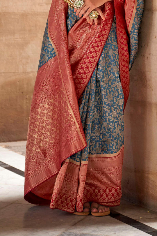 Peacock Blue Silk Banarasi Saree With Blouse Piece
