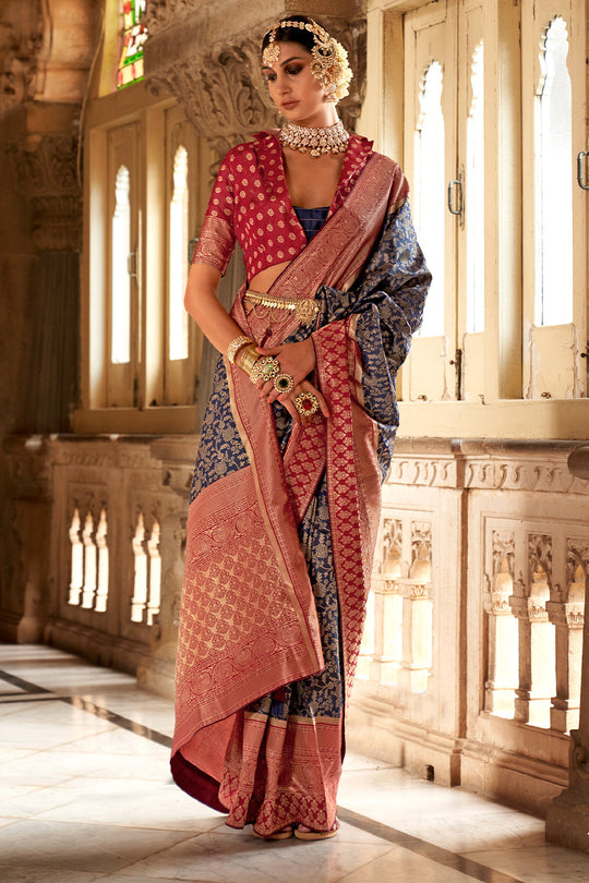 Navy Blue & Red Banarasi Silk Saree With Blouse Piece