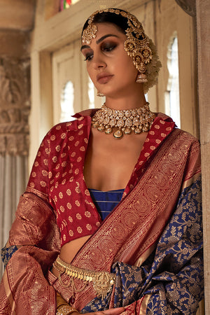 Navy Blue & Red Banarasi Silk Saree With Blouse Piece