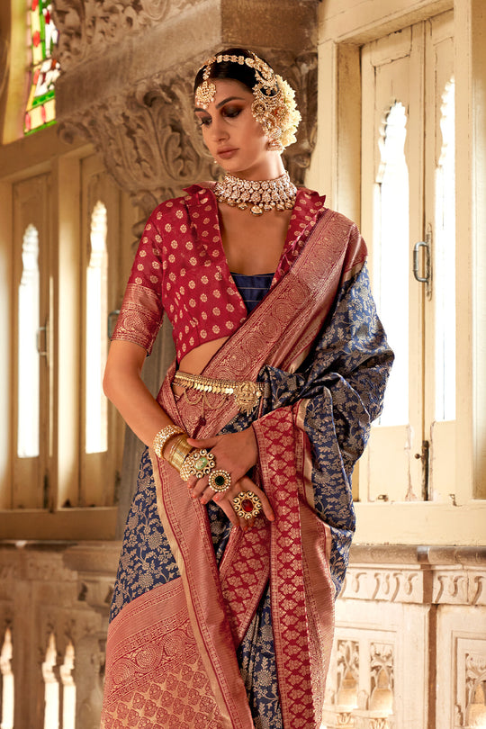 Navy Blue & Red Banarasi Silk Saree With Blouse Piece