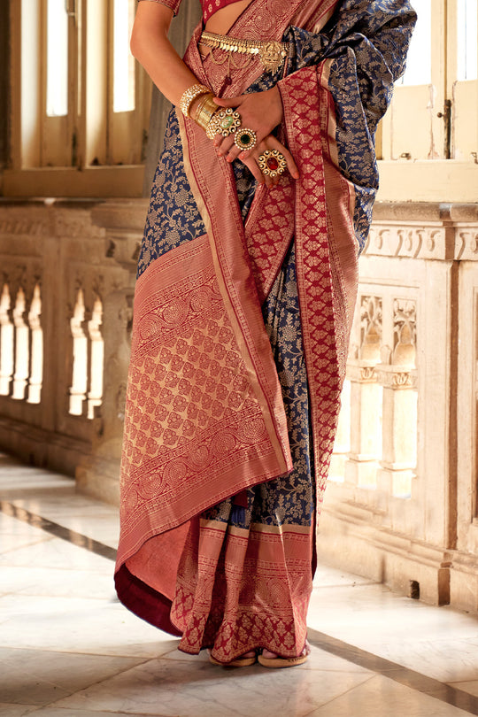 Navy Blue & Red Banarasi Silk Saree With Blouse Piece