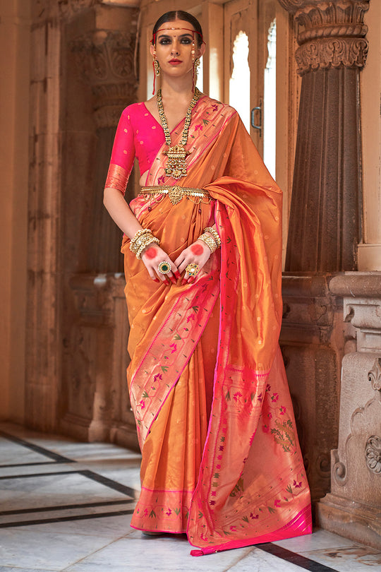 Orange  Paithani Silk Saree With Blouse Piece