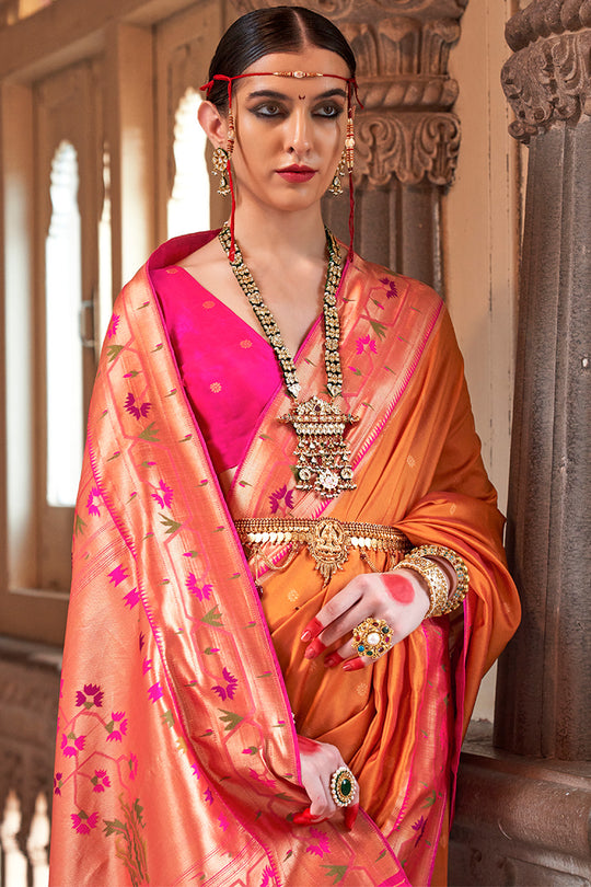 Orange  Paithani Silk Saree With Blouse Piece