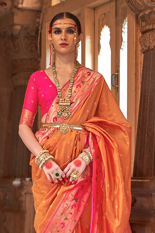 Orange  Paithani Silk Saree With Blouse Piece