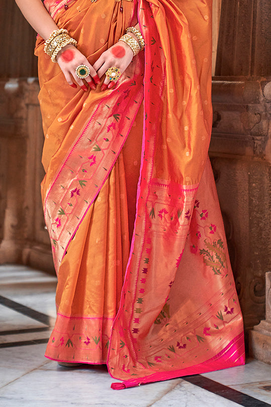 Orange  Paithani Silk Saree With Blouse Piece