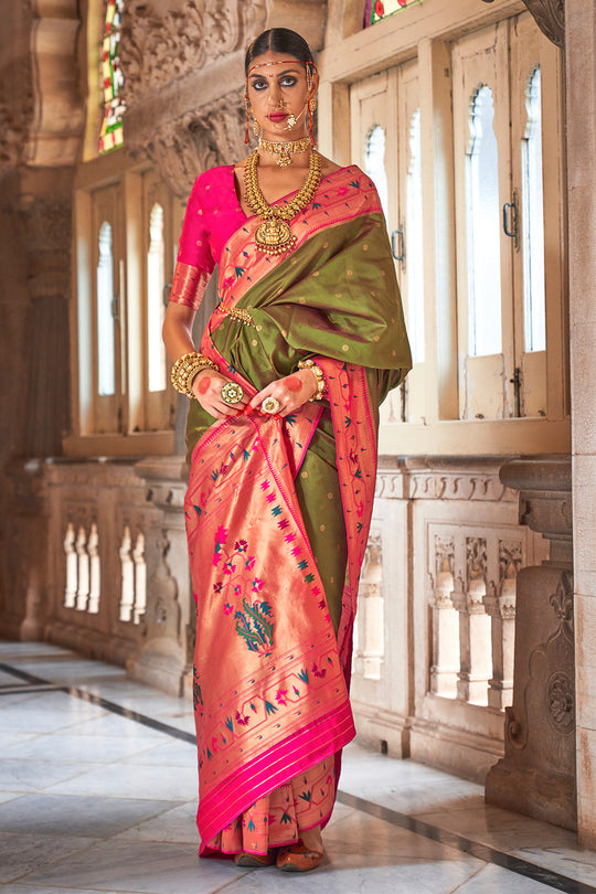 Peridot Green Paithani Silk Saree With Blouse Piece