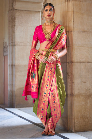 Peridot Green Paithani Silk Saree With Blouse Piece