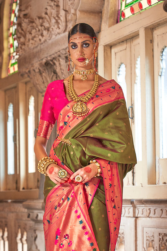 Peridot Green Paithani Silk Saree With Blouse Piece
