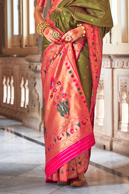 Peridot Green Paithani Silk Saree With Blouse Piece