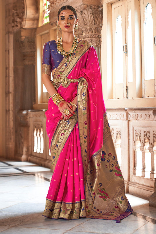 Pink Paithani Silk Saree With Blouse Piece