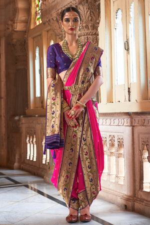 Pink Paithani Silk Saree With Blouse Piece